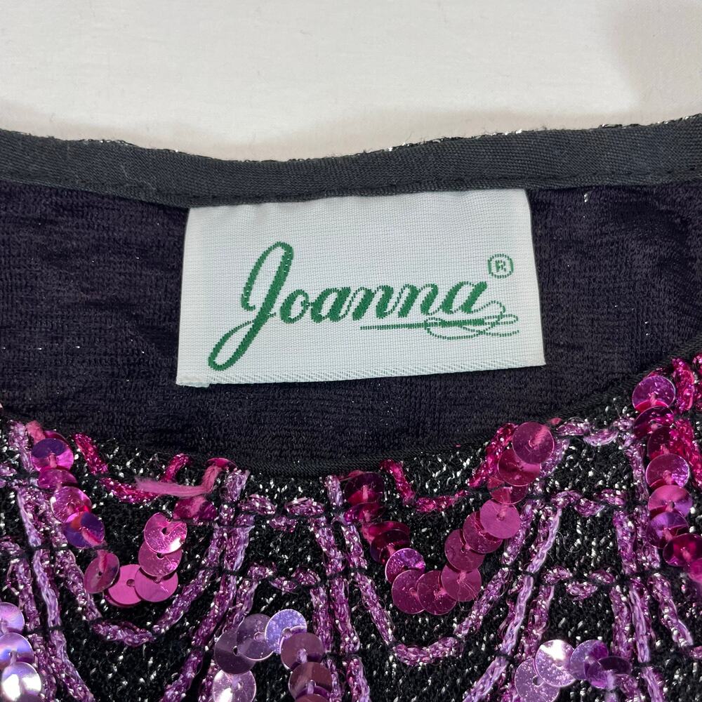 Joanna Vtg Women's Sequin Wave Cap Sleeve Top Black Multi Color M Disco Glam - Picture 2 of 5